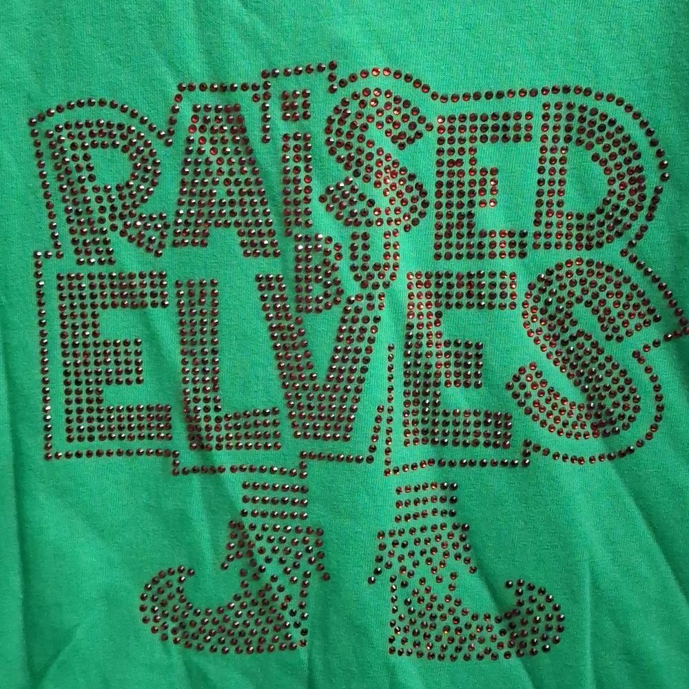 NNWT Green Raised by Elves Tee with Red Rhinestone Design